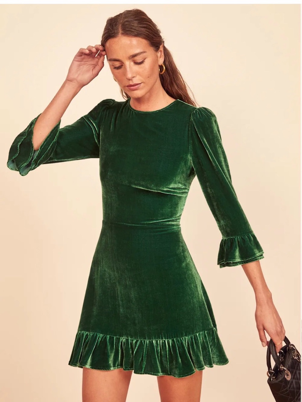 Reformation Mountain Mini Dress Emerald Velvet Ruffle Silk Blend Women’s 10